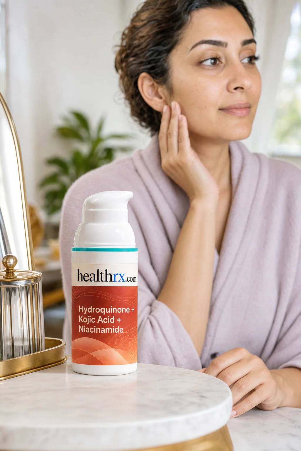A woman in her mid 30s during her morning skincare routine, with Hydroquinone / Kojic Acid / Niacinamide close by