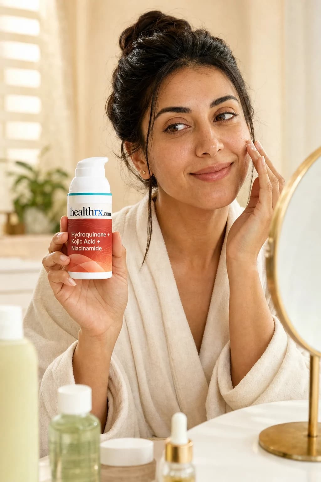 A woman in her mid 30s during her morning skincare routine, with Hydroquinone / Kojic Acid / Niacinamide