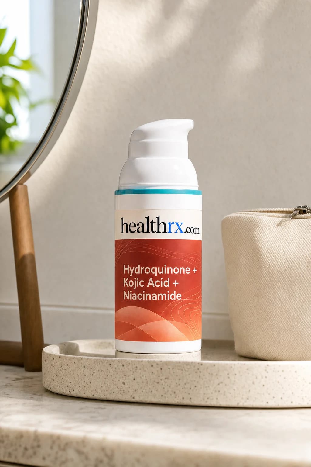 Hydroquinone / Kojic Acid / Niacinamide on a bathroom vanity tray