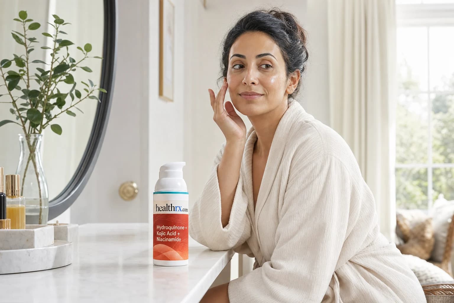 A woman in her mid 30s during her morning skincare routine, with Hydroquinone / Kojic Acid / Niacinamide in the foreground
