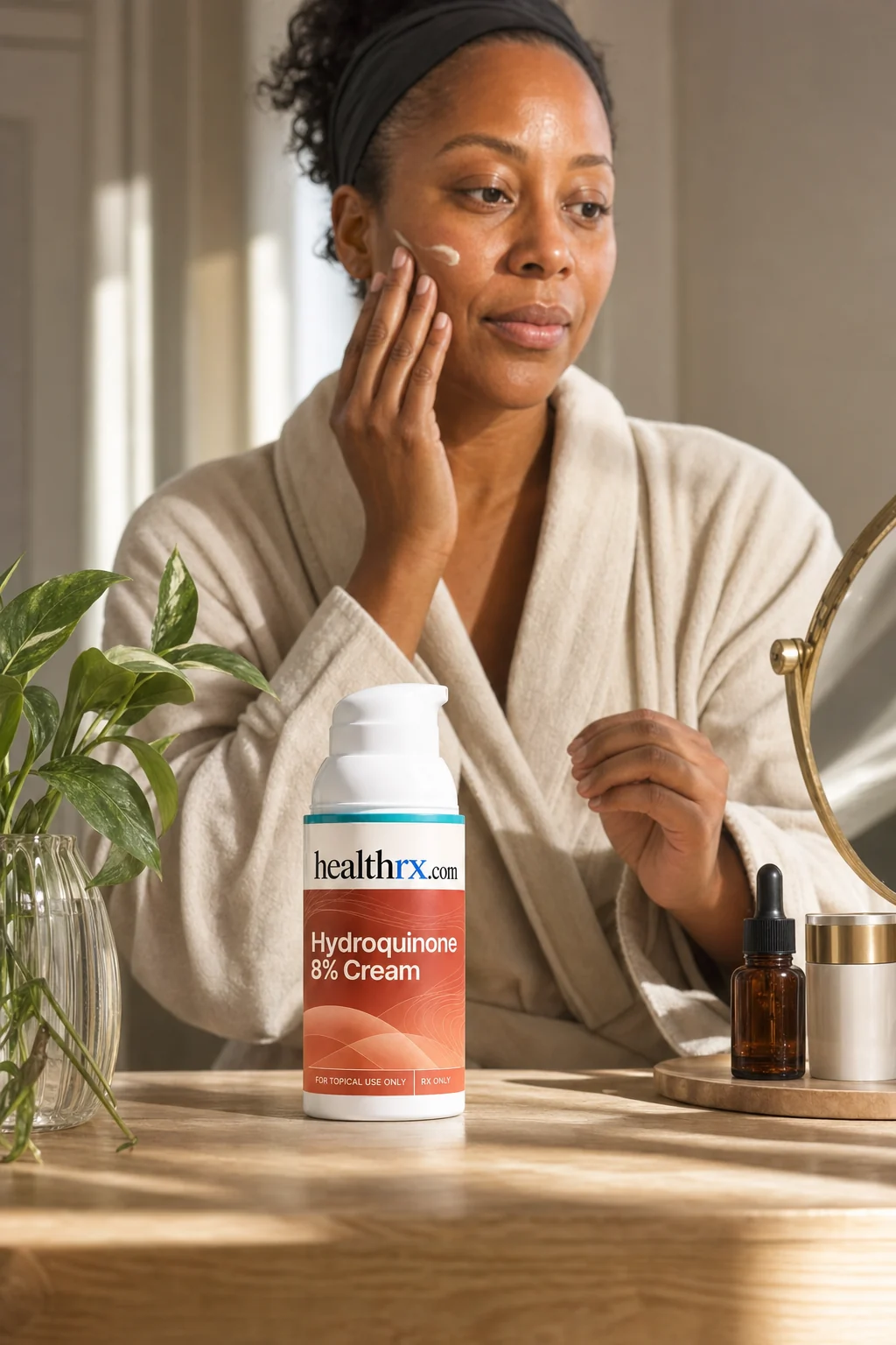 A woman in her early 40s during her morning skincare routine, with Hydroquinone 8% Cream close by