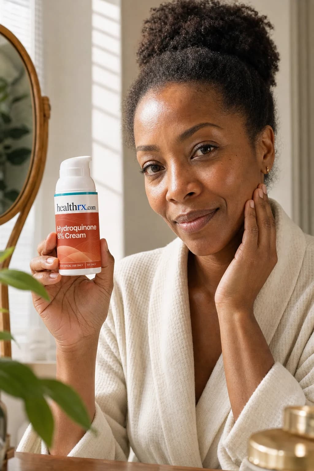 A woman in her early 40s during her morning skincare routine, with Hydroquinone 8% Cream