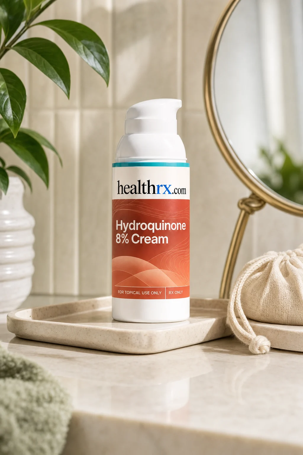 Hydroquinone 8% Cream on a bathroom vanity tray