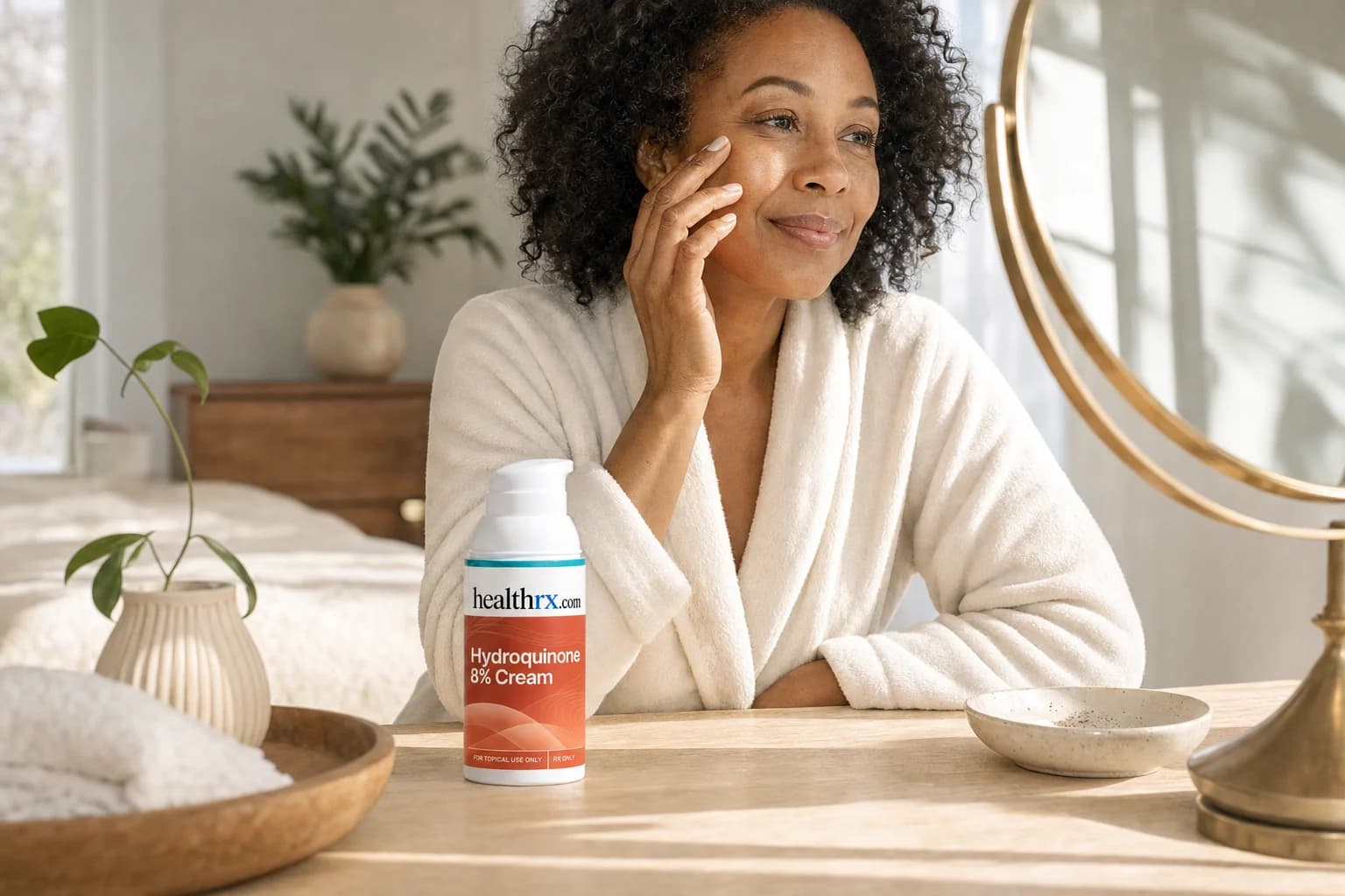 A woman in her early 40s during her morning skincare routine, with Hydroquinone 8% Cream in the foreground