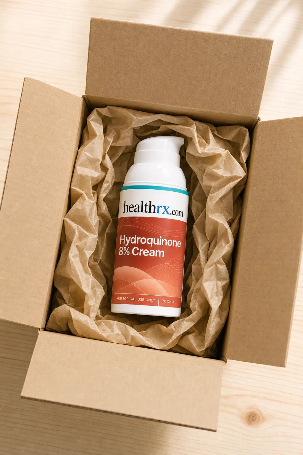 Hydroquinone 8% Cream inside a plain, unmarked shipping box