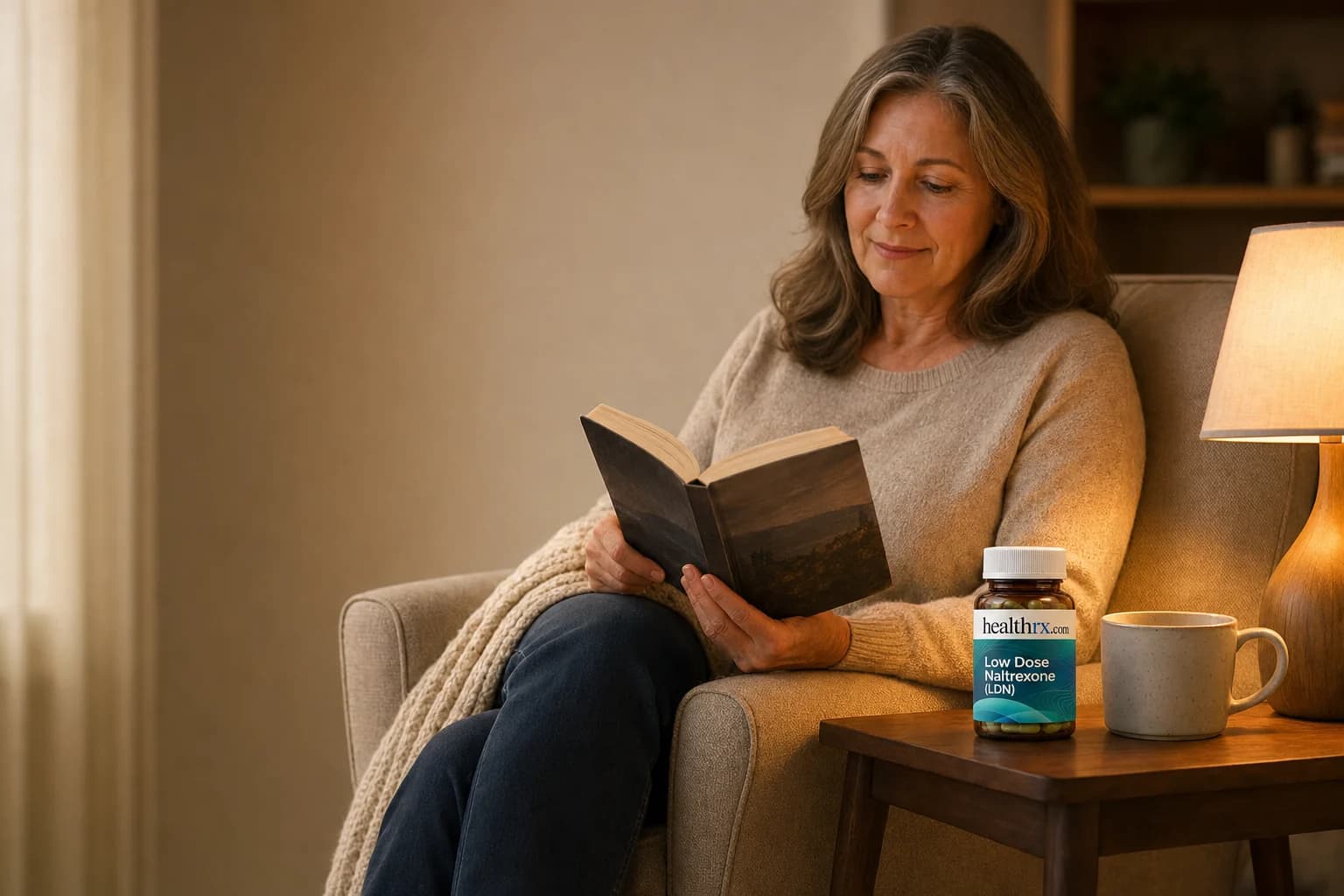 A woman in her mid 50s reading in an armchair in the evening, with Low Dose Naltrexone (LDN)