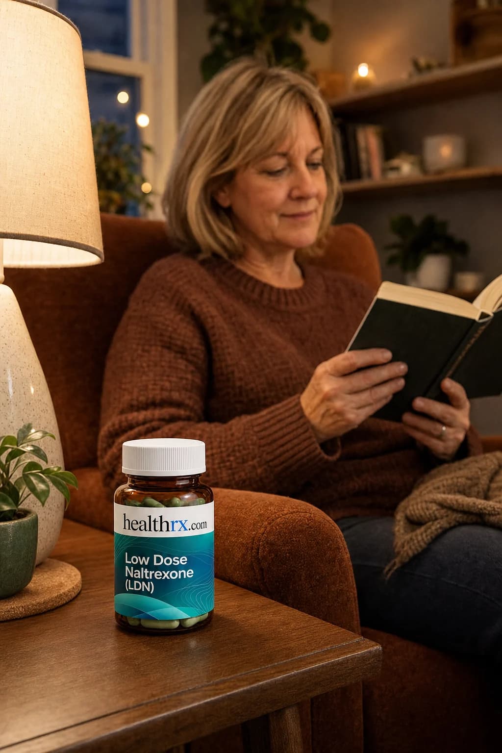 A woman in her mid 50s reading in an armchair in the evening, with Low Dose Naltrexone (LDN) close by
