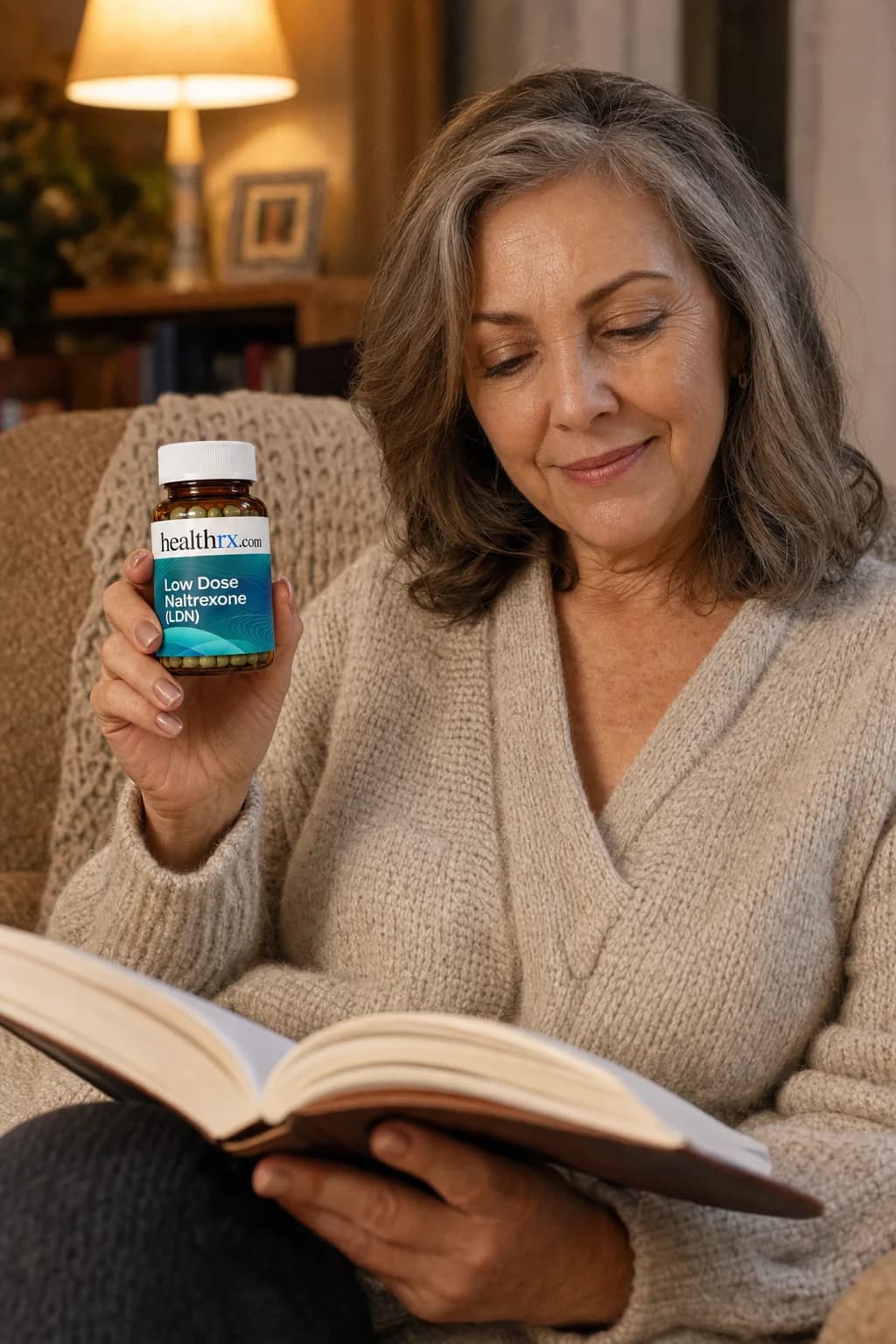 A woman in her mid 50s reading in an armchair in the evening, with Low Dose Naltrexone (LDN)