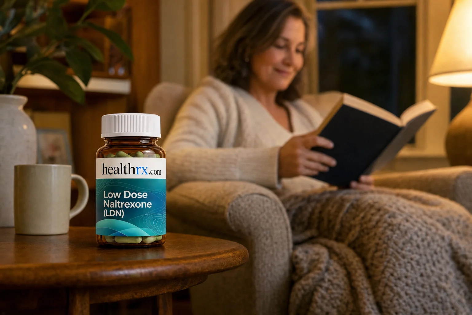 A woman in her mid 50s reading in an armchair in the evening, with Low Dose Naltrexone (LDN) in the foreground