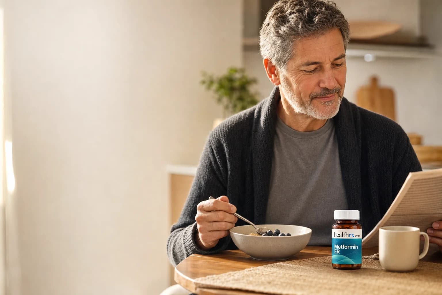 A man in his mid 50s eating breakfast at the kitchen table, with Metformin ER