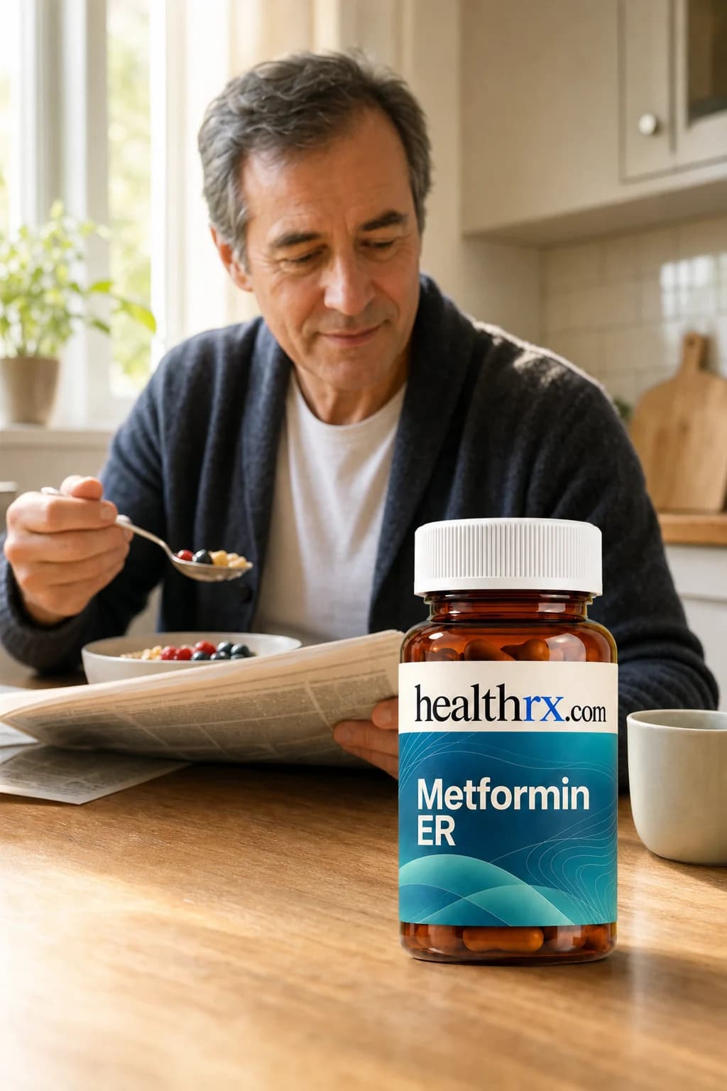 A man in his mid 50s eating breakfast at the kitchen table, with Metformin ER close by