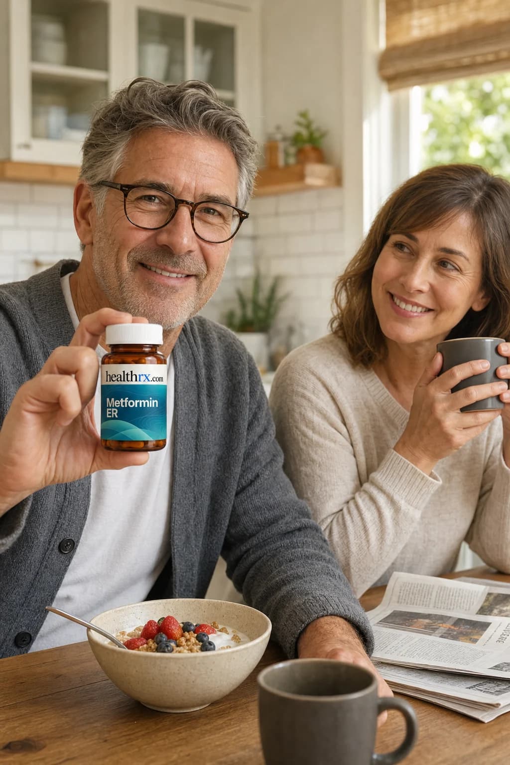 A man in his mid 50s eating breakfast at the kitchen table, with Metformin ER