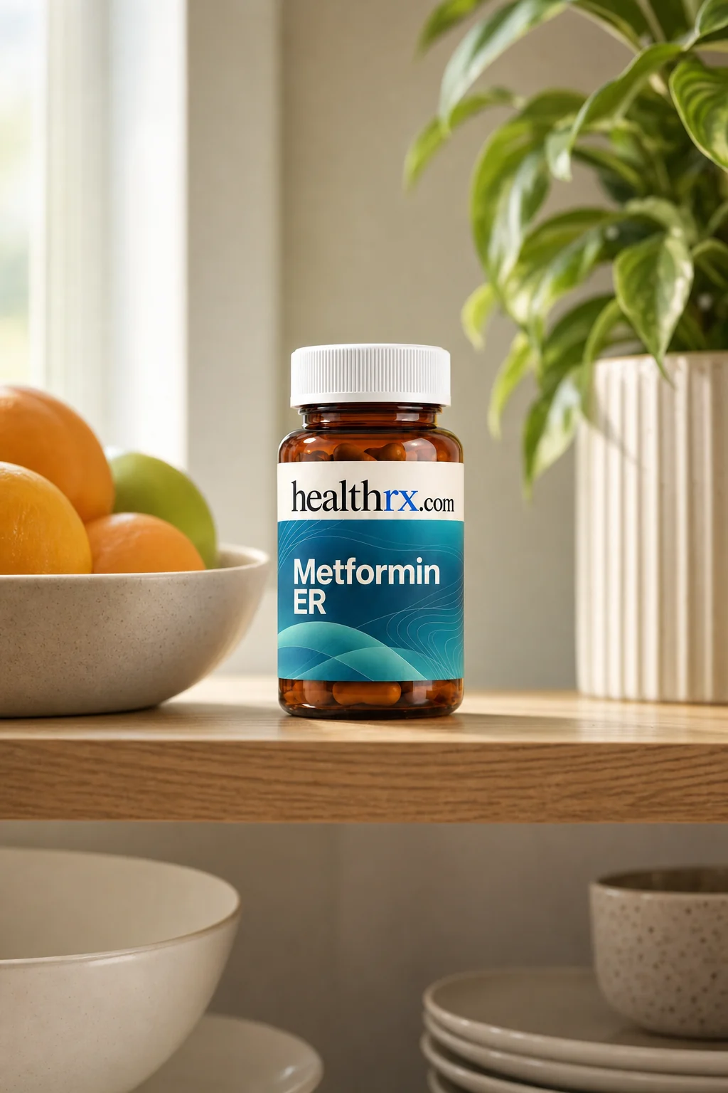 Metformin ER on a kitchen shelf