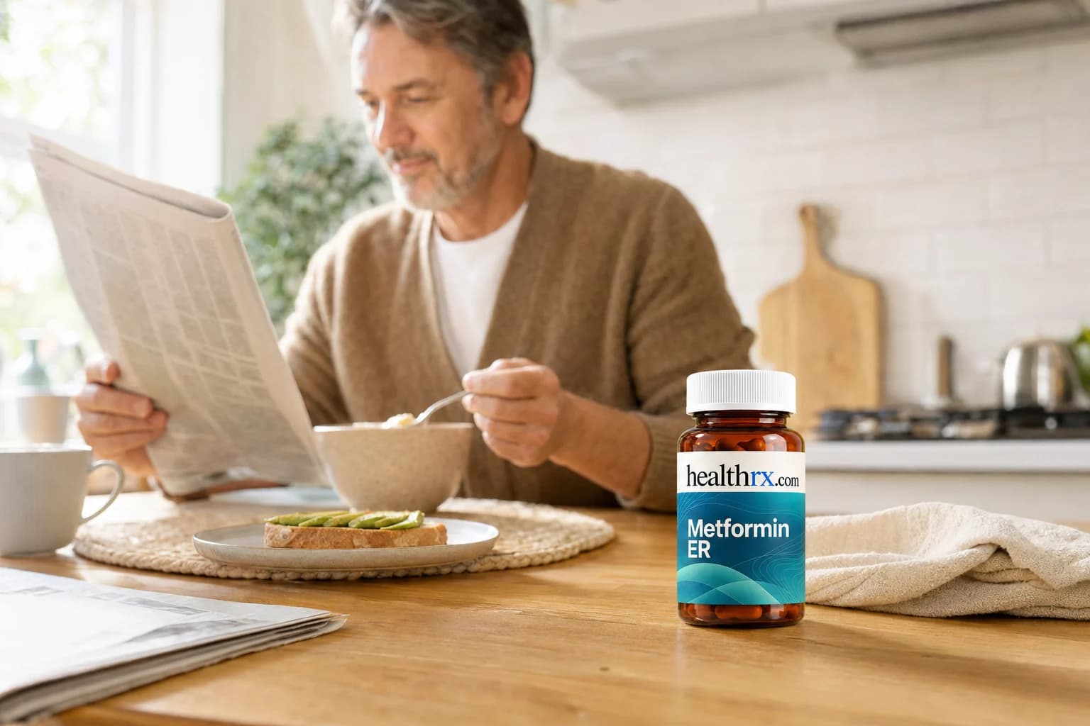 A man in his mid 50s eating breakfast at the kitchen table, with Metformin ER in the foreground