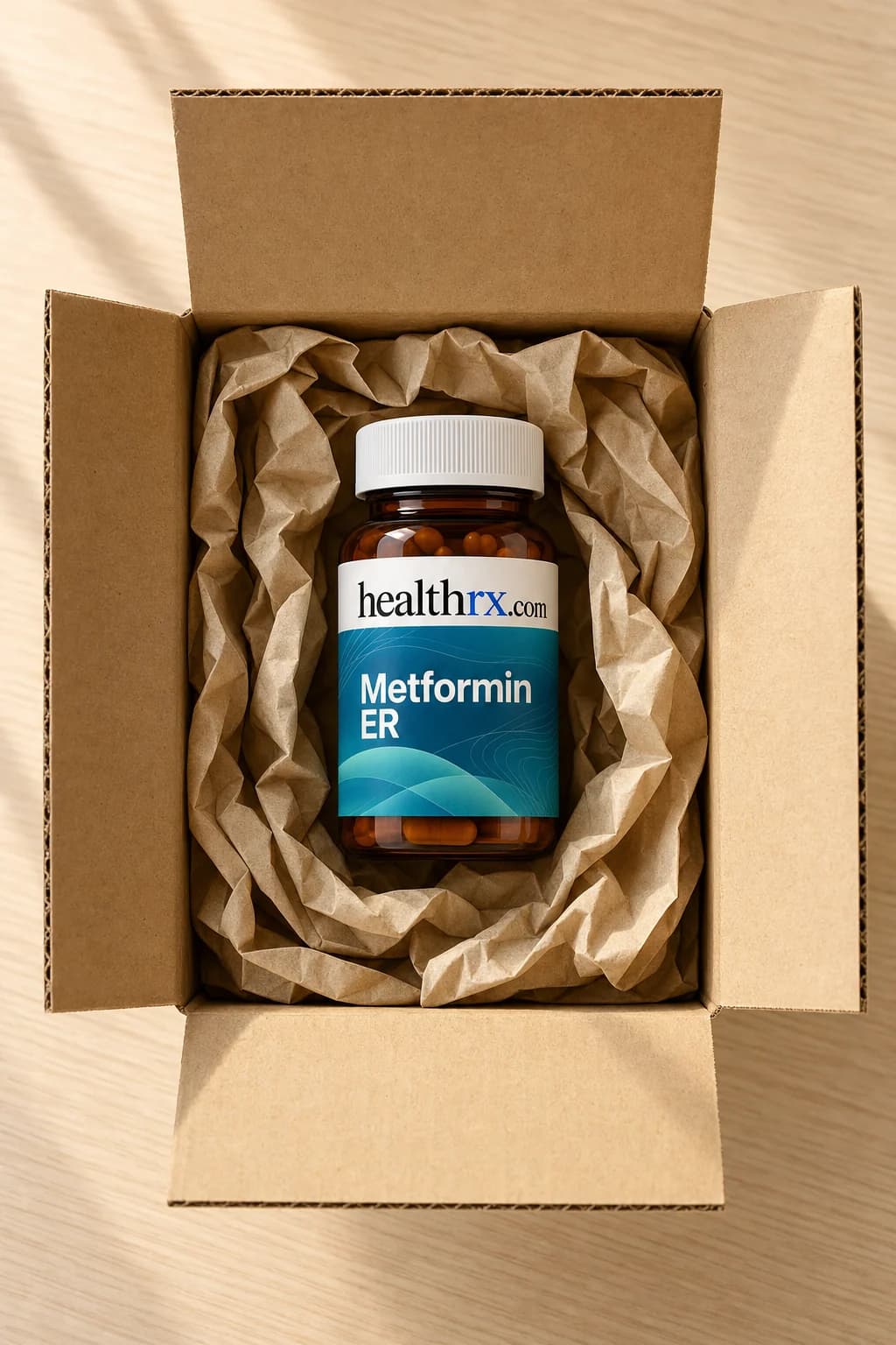 Metformin ER inside a plain, unmarked shipping box