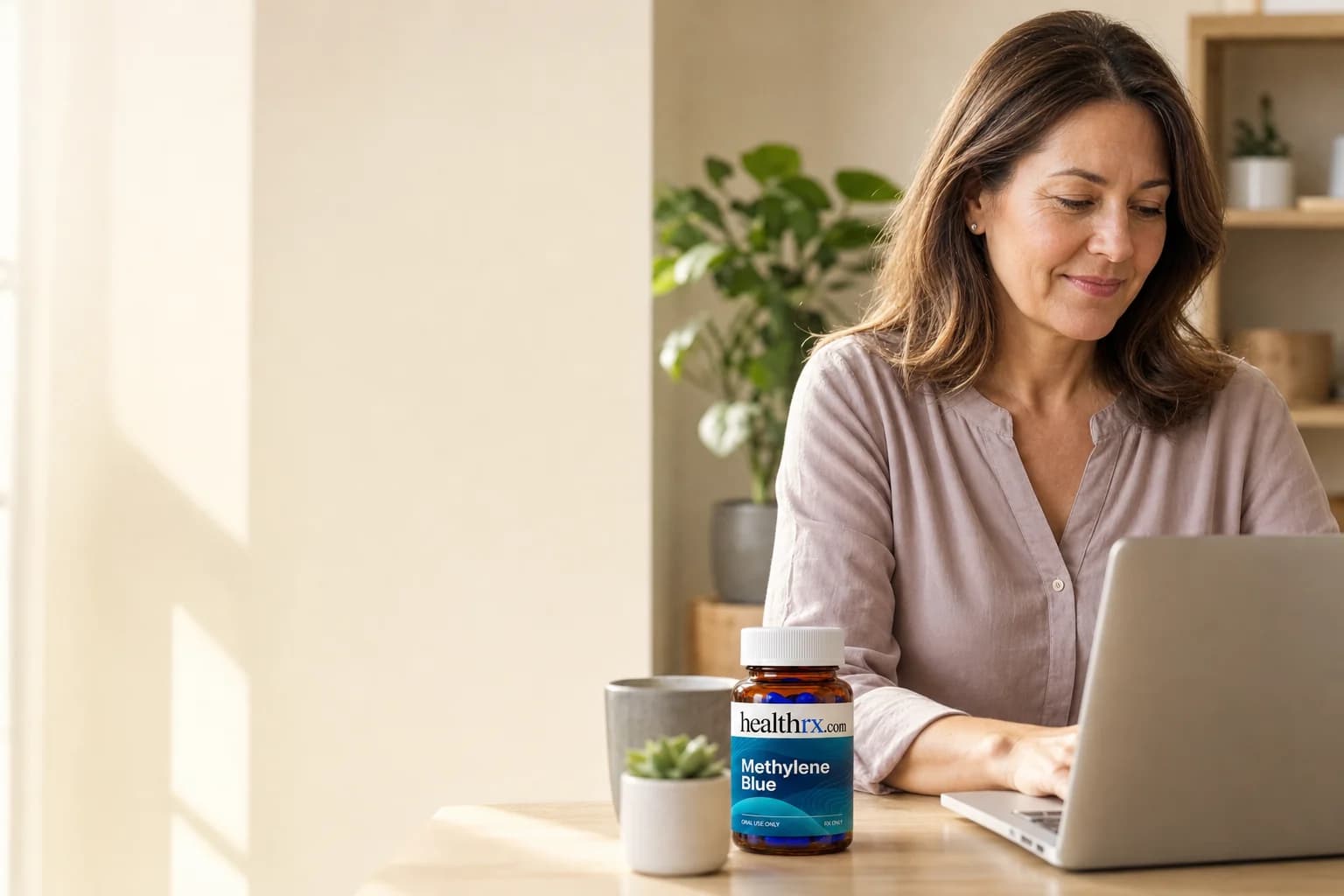 A woman in her mid 40s working at her desk at home, with Methylene Blue