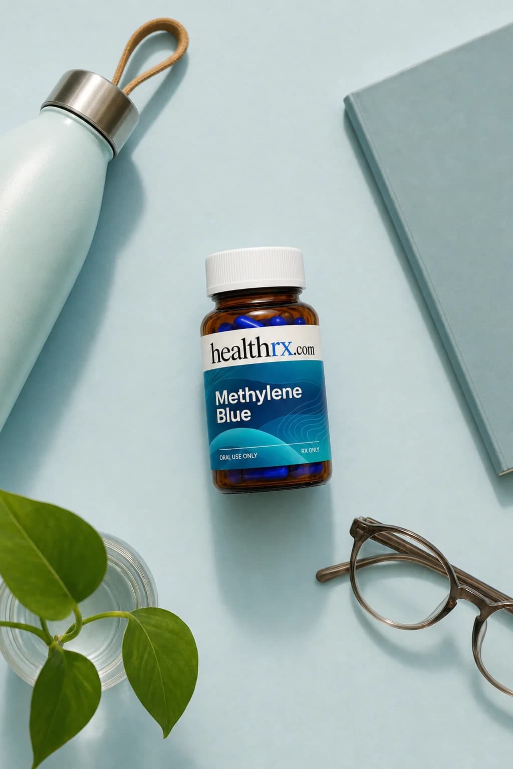 Methylene Blue laid flat among everyday things