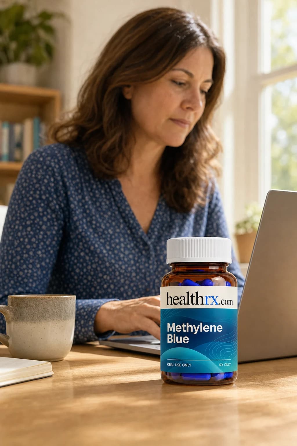 A woman in her mid 40s working at her desk at home, with Methylene Blue close by