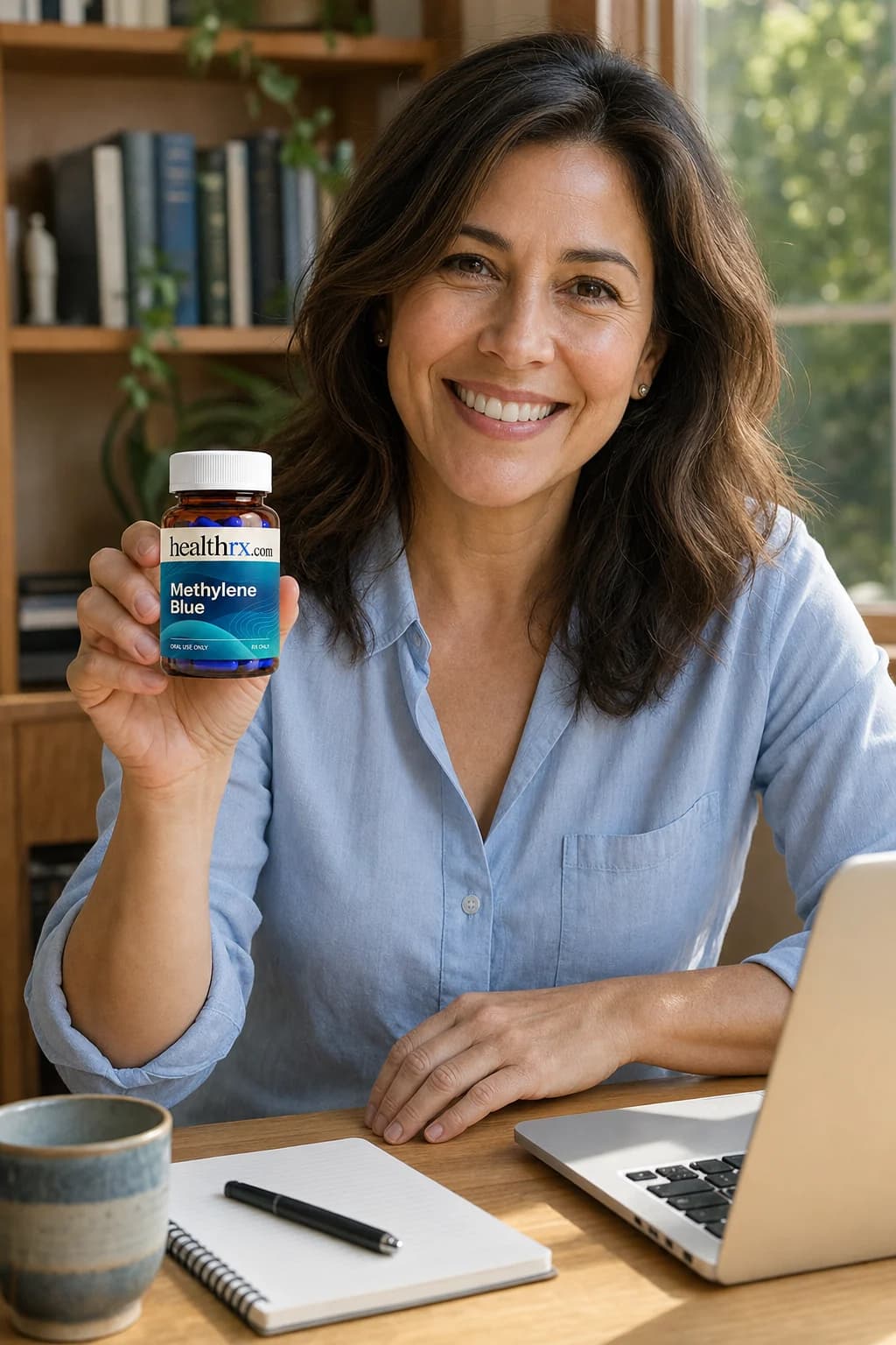 A woman in her mid 40s working at her desk at home, with Methylene Blue