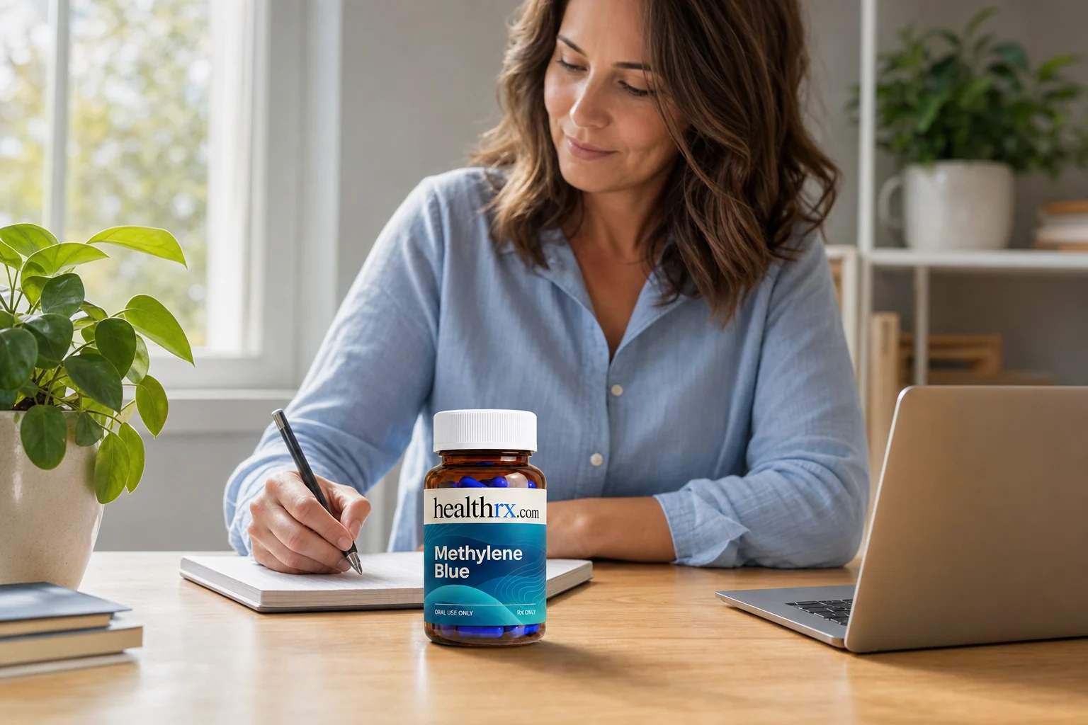 A woman in her mid 40s working at her desk at home, with Methylene Blue in the foreground