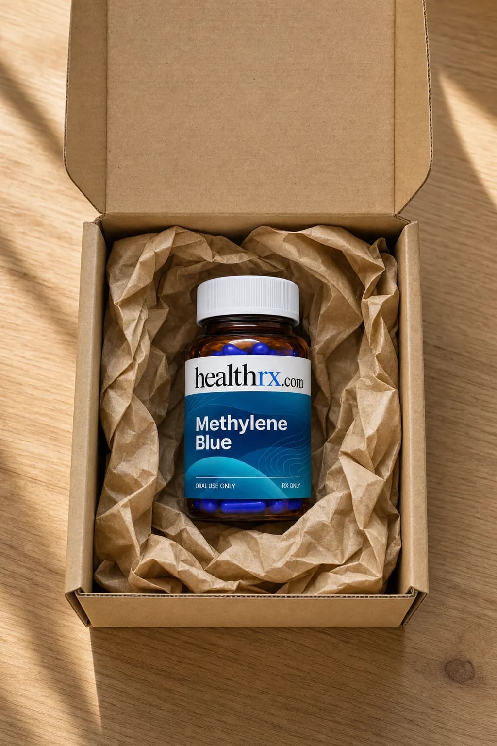 Methylene Blue inside a plain, unmarked shipping box