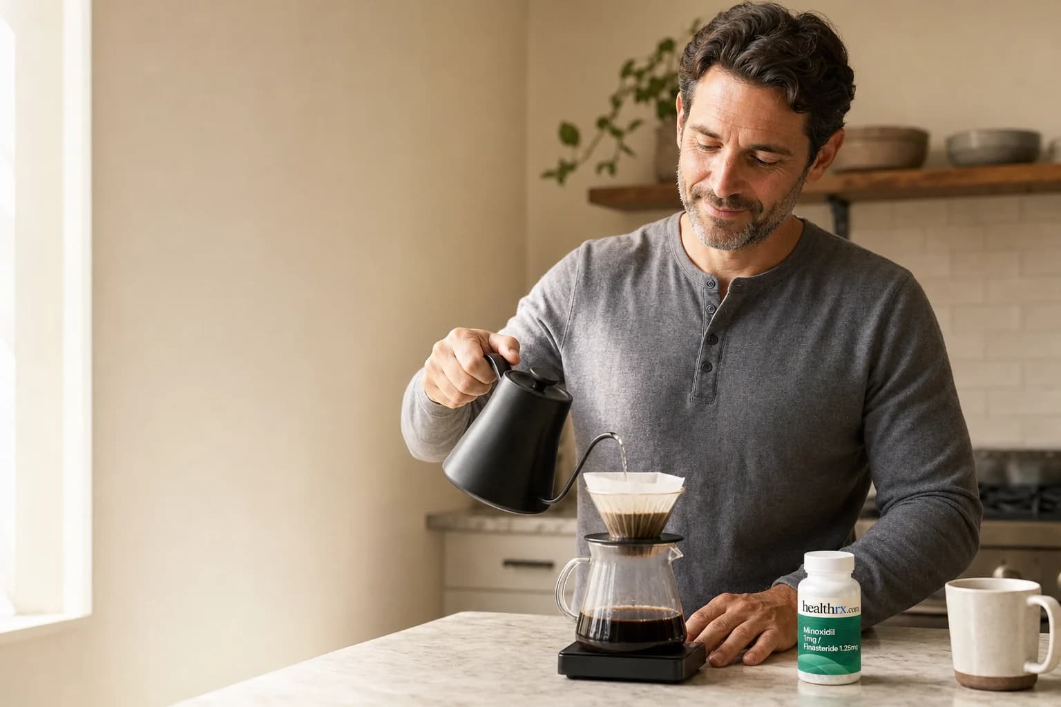 A man in his early 40s making coffee in the morning, with Minoxidil 1mg / Finasteride 1.25mg