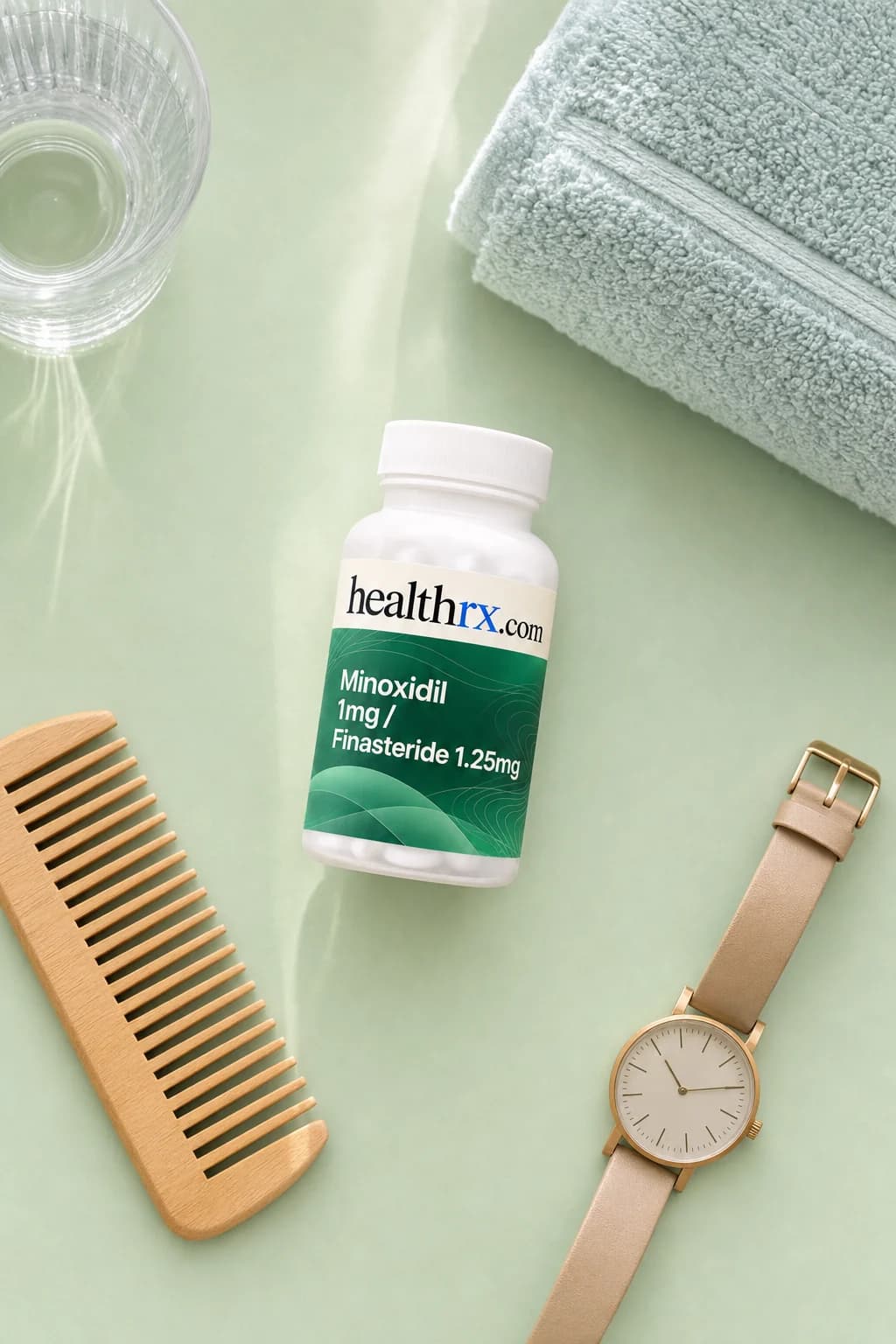 Minoxidil 1mg / Finasteride 1.25mg laid flat among everyday things