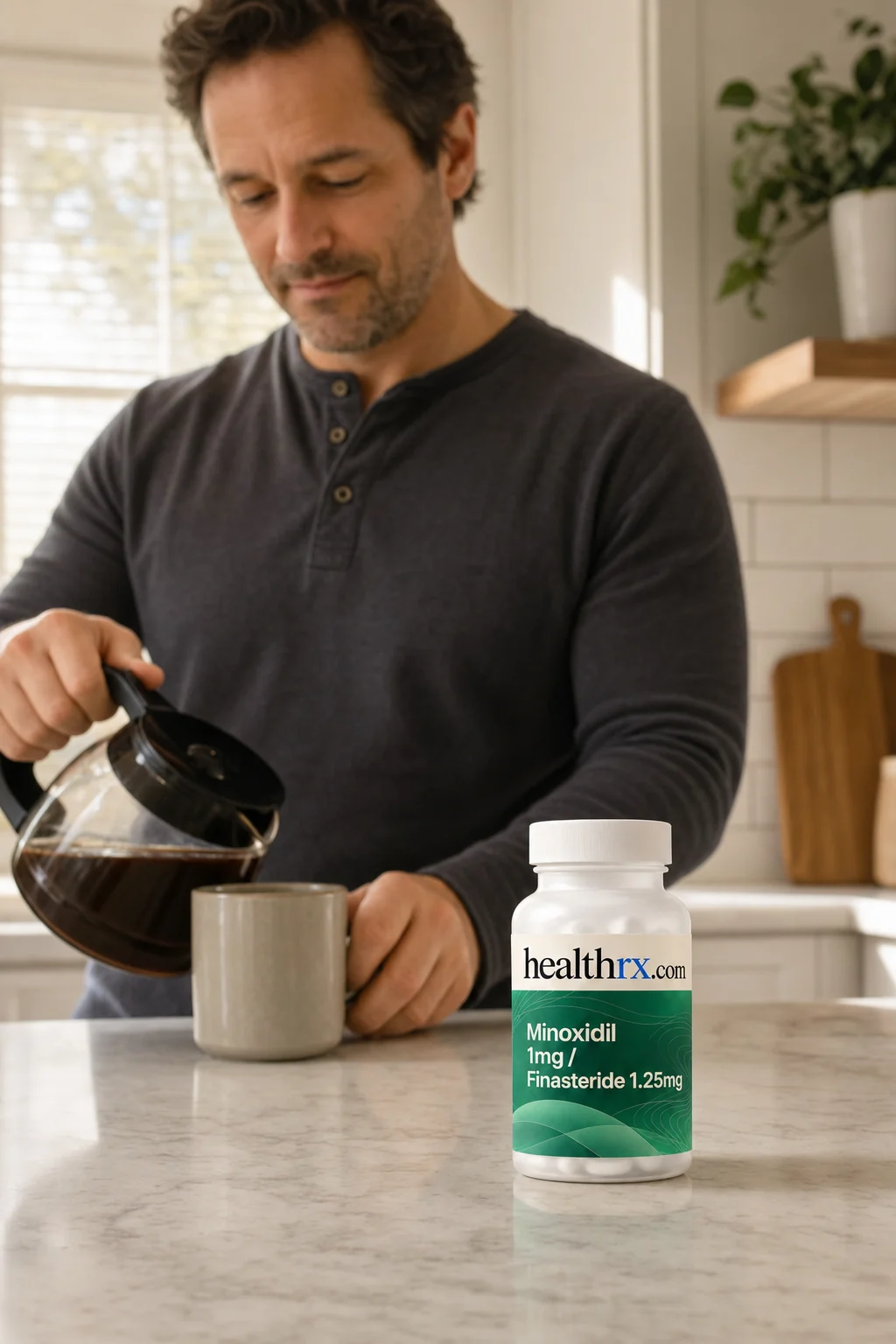 A man in his early 40s making coffee in the morning, with Minoxidil 1mg / Finasteride 1.25mg close by