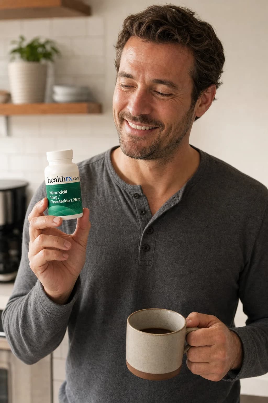 A man in his early 40s making coffee in the morning, with Minoxidil 1mg / Finasteride 1.25mg