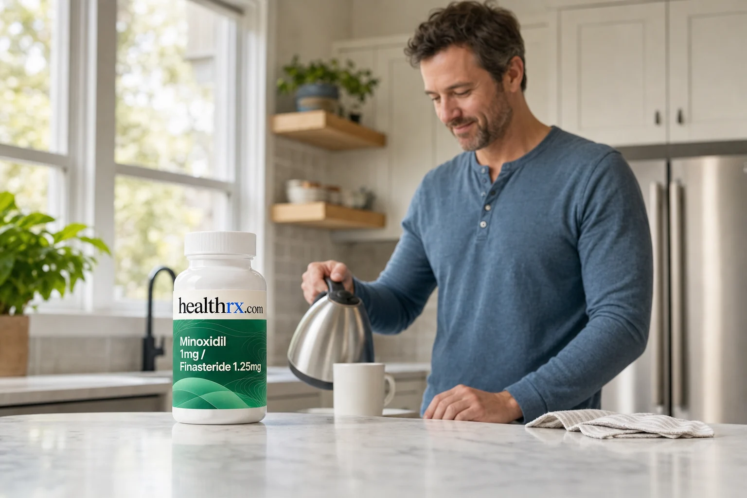 A man in his early 40s making coffee in the morning, with Minoxidil 1mg / Finasteride 1.25mg in the foreground