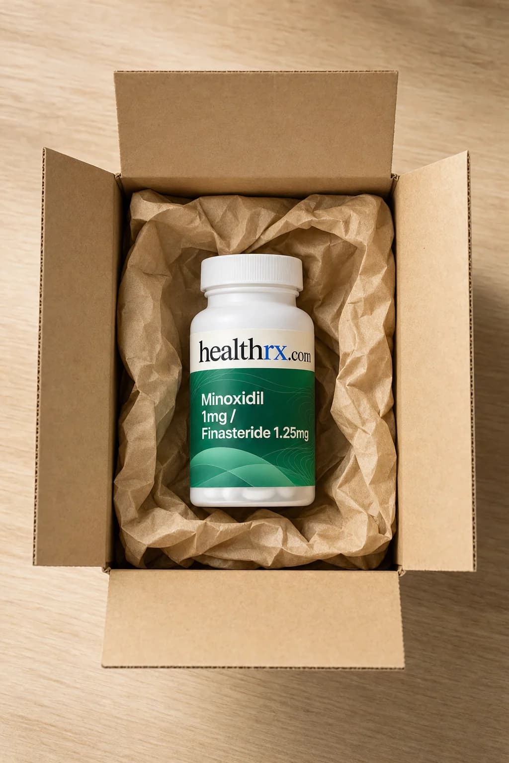 Minoxidil 1mg / Finasteride 1.25mg inside a plain, unmarked shipping box