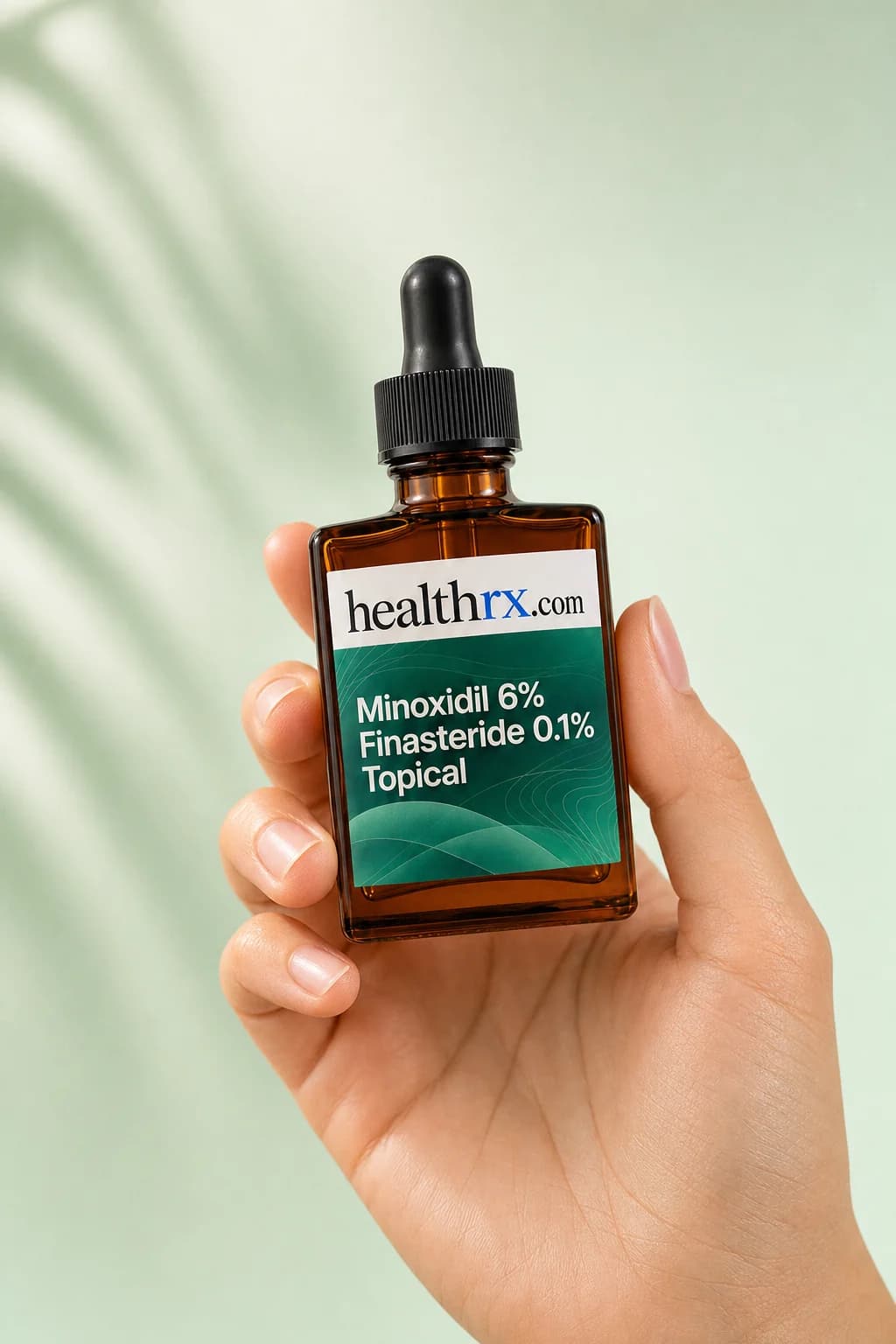 Minoxidil 6% / Finasteride 0.1% Topical held in one hand, showing its size