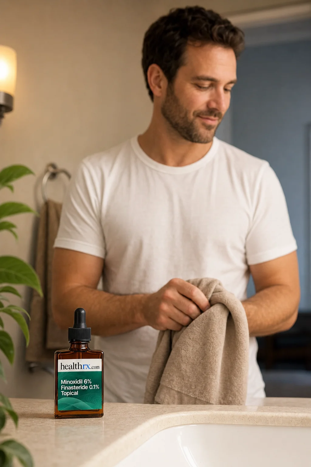 A man in his mid 30s during his evening routine, with Minoxidil 6% / Finasteride 0.1% Topical close by