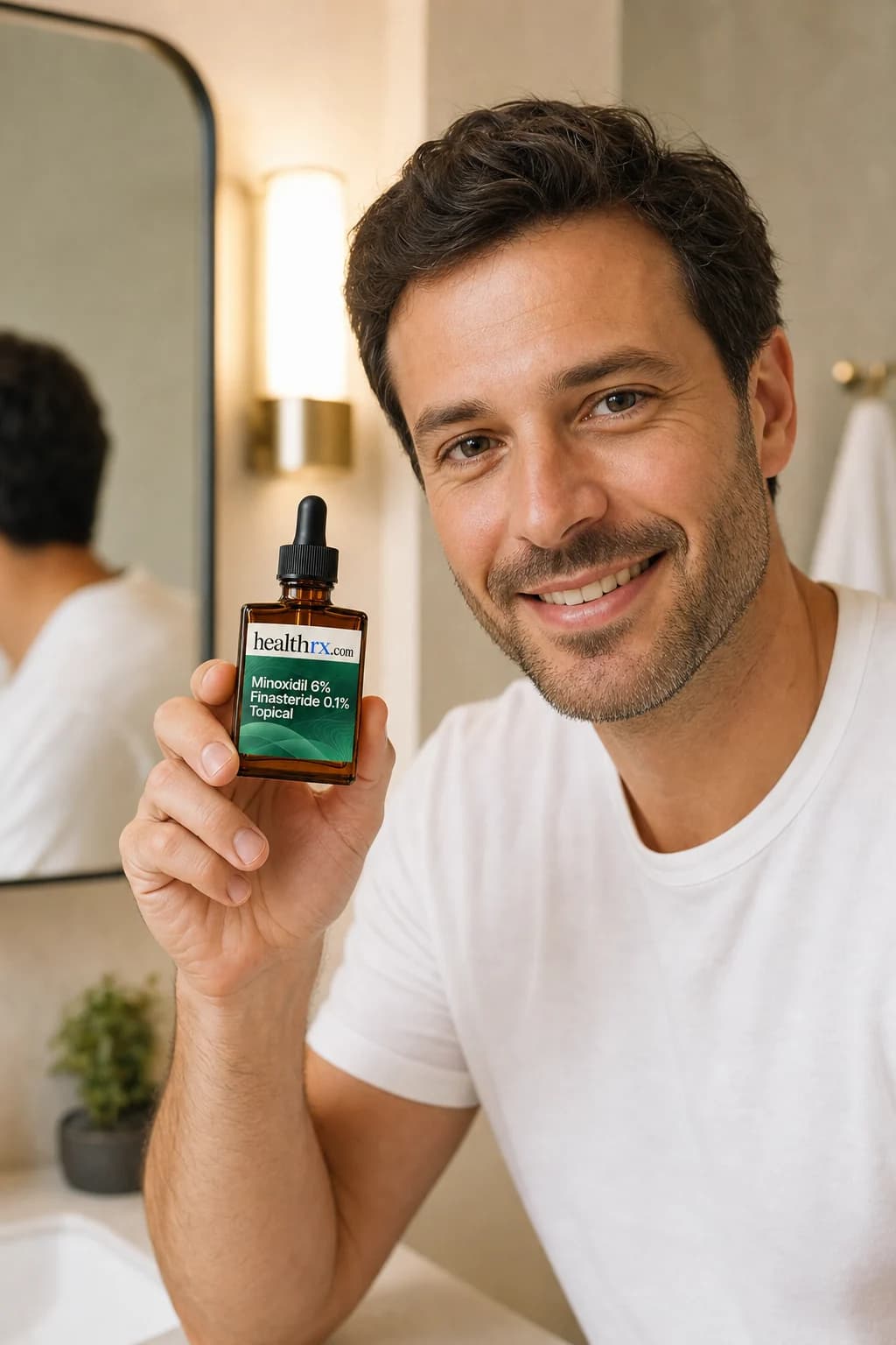 A man in his mid 30s during his evening routine, with Minoxidil 6% / Finasteride 0.1% Topical