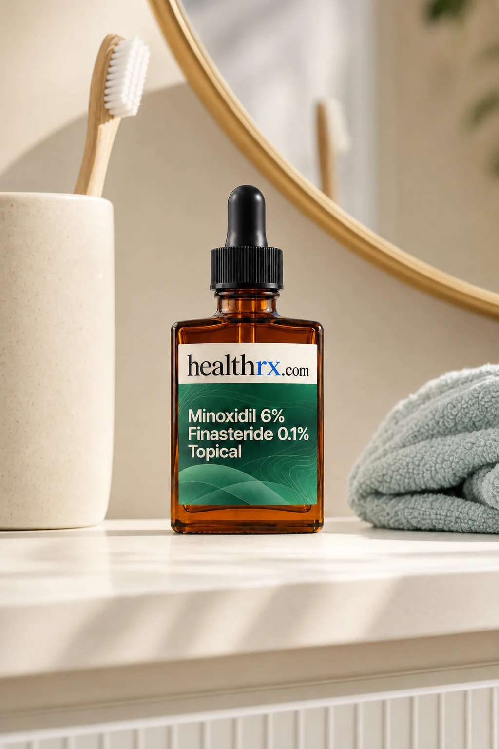 Minoxidil 6% / Finasteride 0.1% Topical on a bathroom shelf