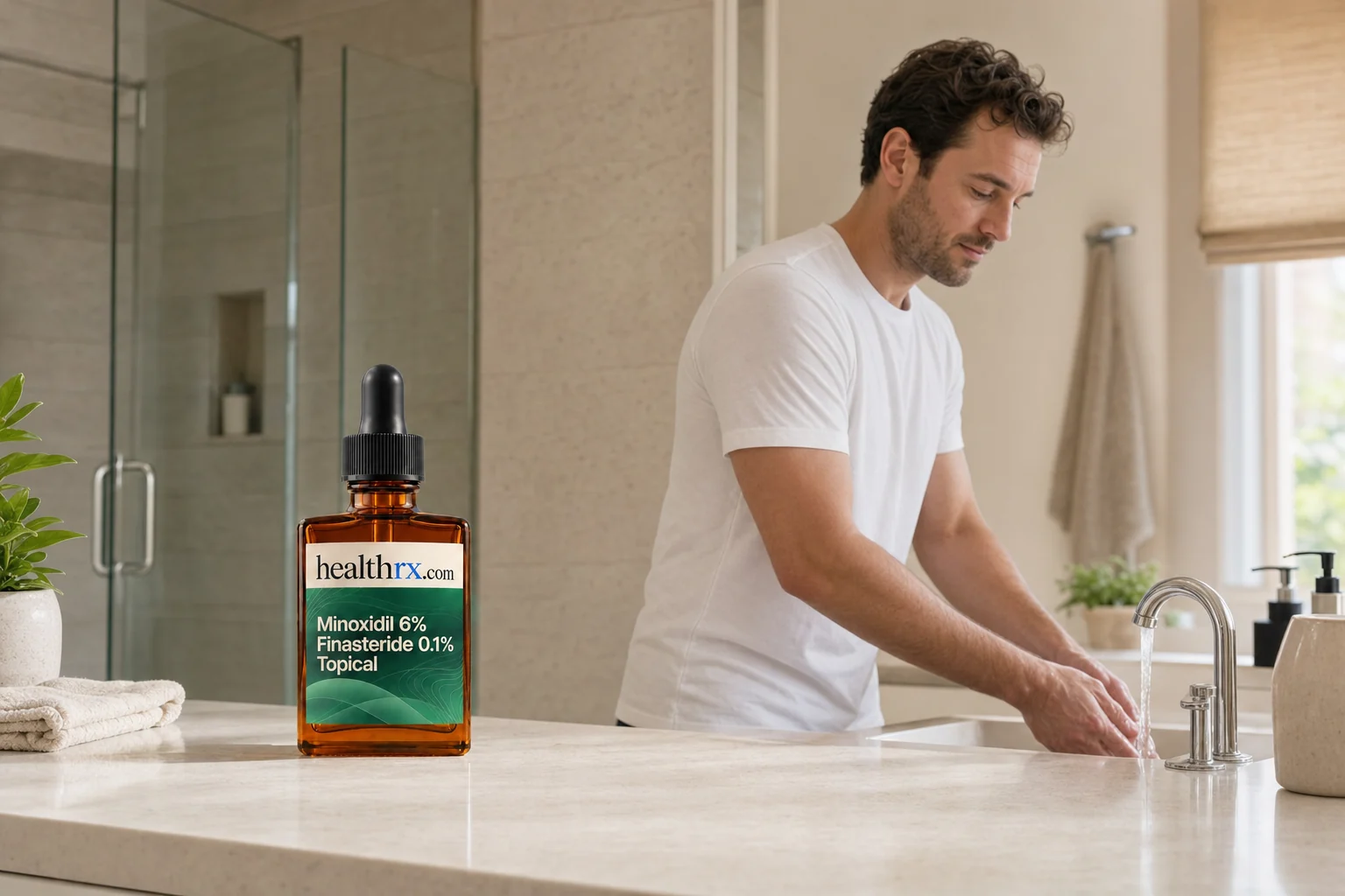 A man in his mid 30s during his evening routine, with Minoxidil 6% / Finasteride 0.1% Topical in the foreground