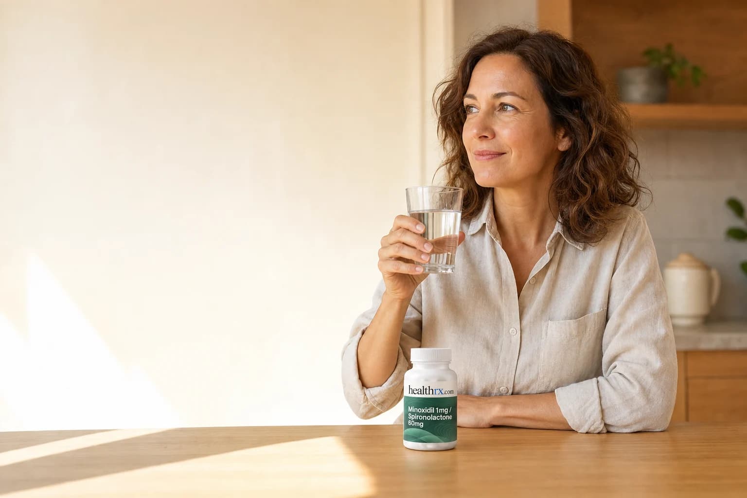 A woman in her mid 40s starting her morning in the kitchen, with Minoxidil 1mg / Spironolactone 60mg