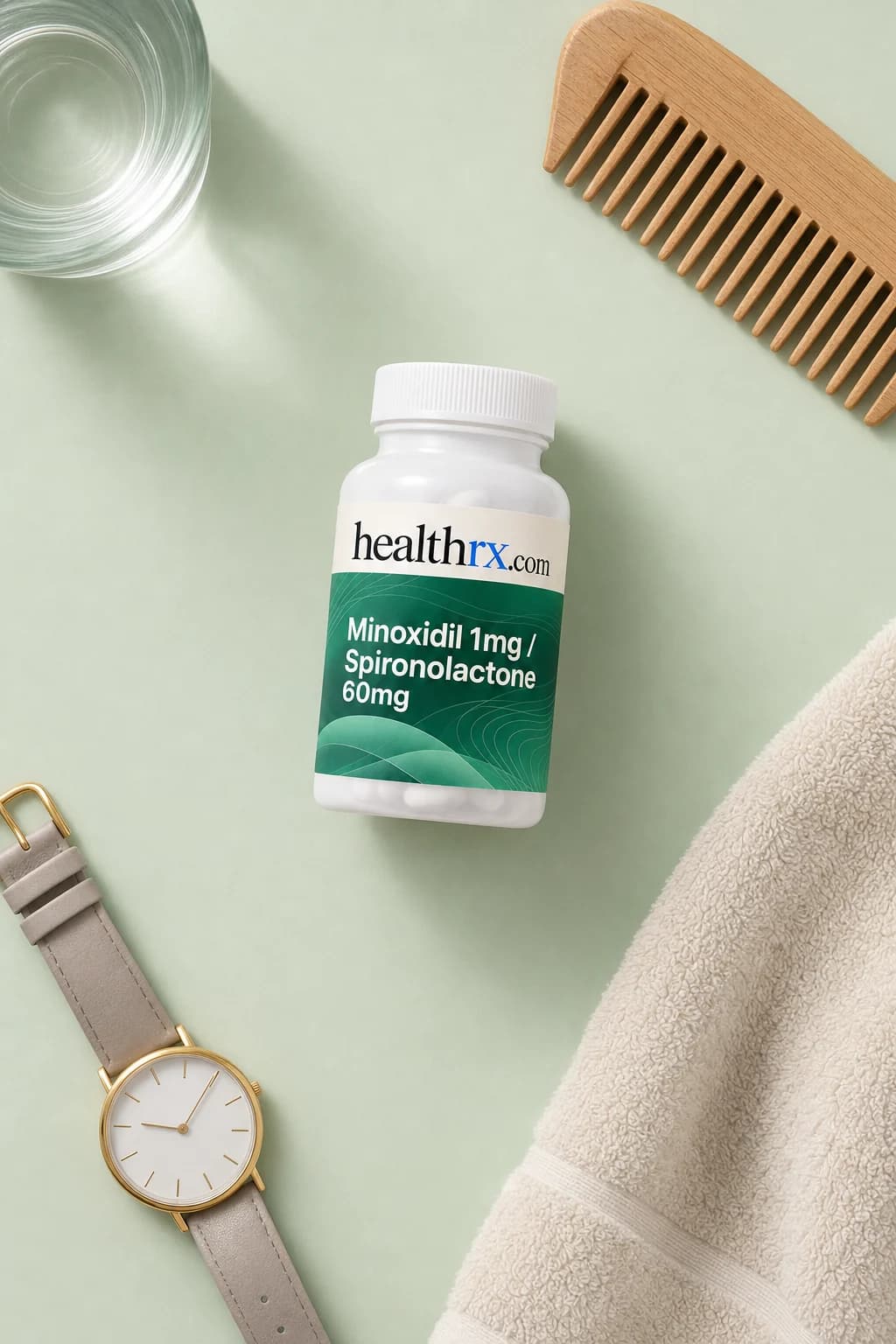 Minoxidil 1mg / Spironolactone 60mg laid flat among everyday things
