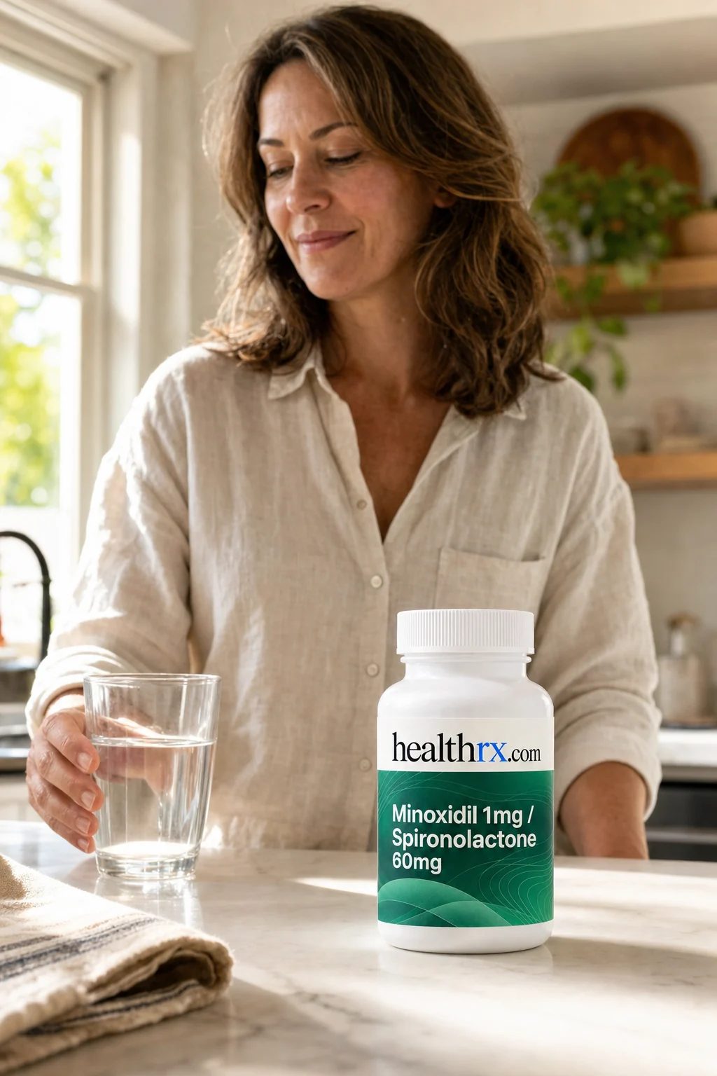 A woman in her mid 40s starting her morning in the kitchen, with Minoxidil 1mg / Spironolactone 60mg close by