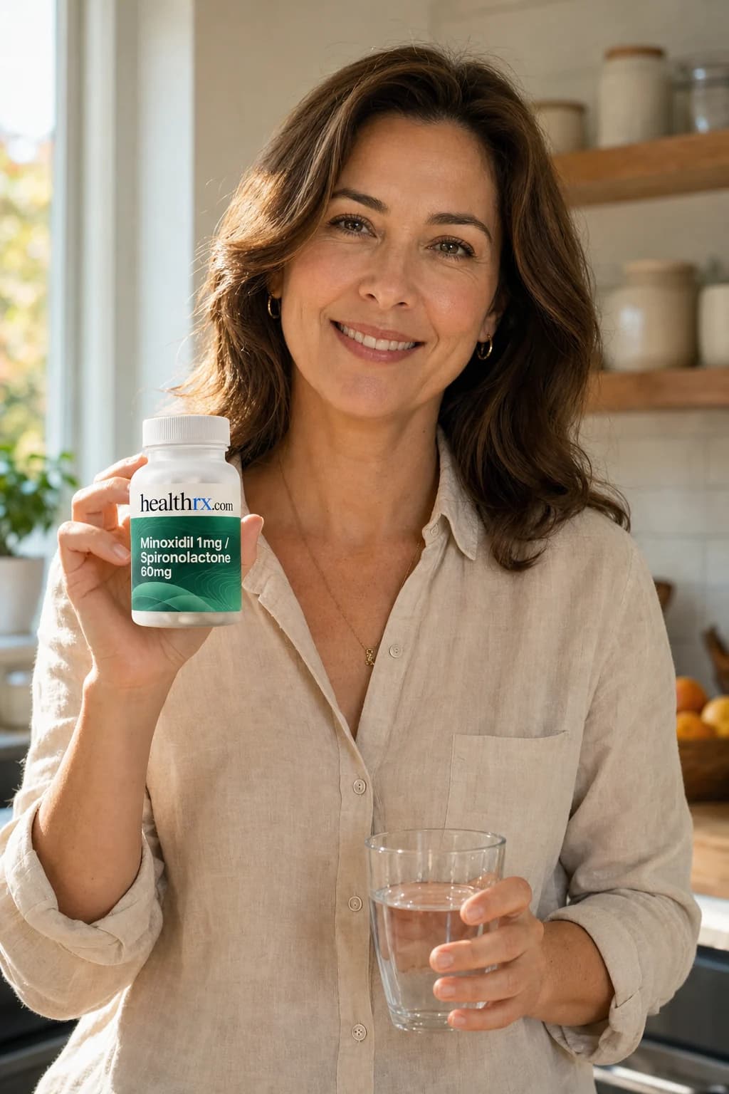 A woman in her mid 40s starting her morning in the kitchen, with Minoxidil 1mg / Spironolactone 60mg