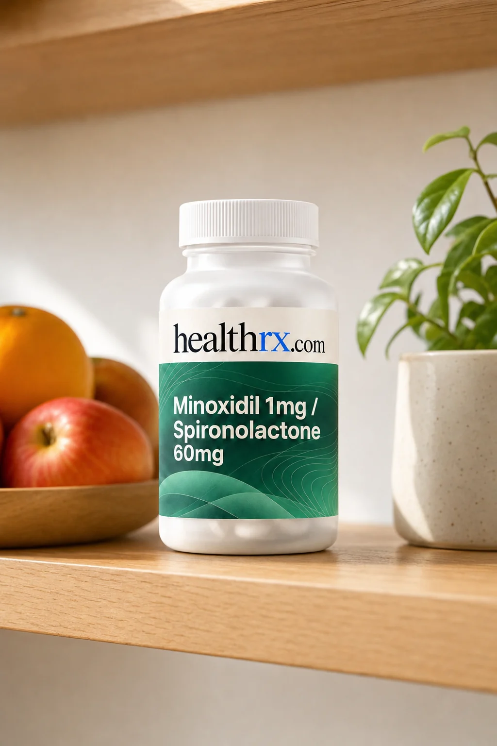 Minoxidil 1mg / Spironolactone 60mg on a kitchen shelf