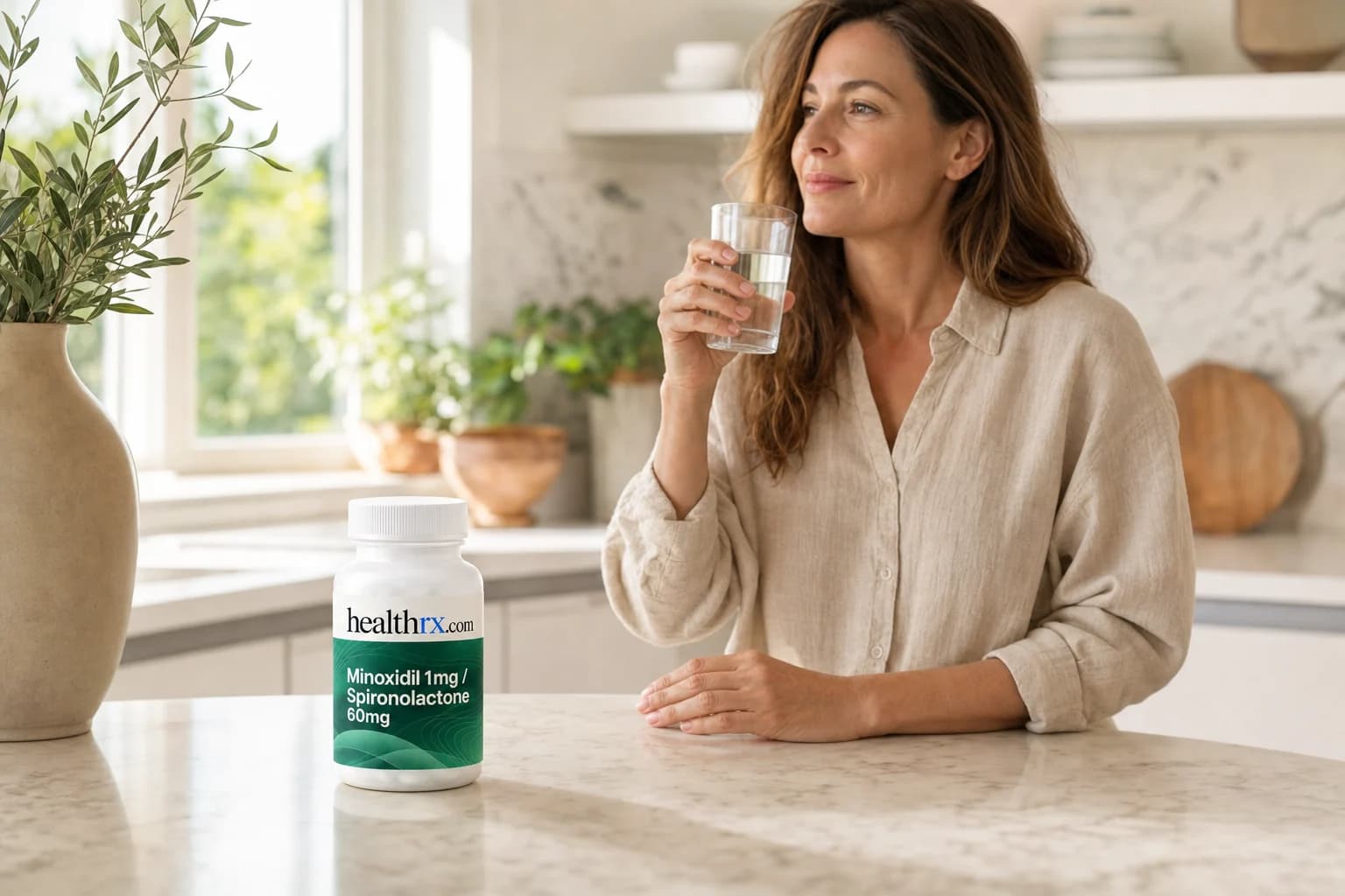 A woman in her mid 40s starting her morning in the kitchen, with Minoxidil 1mg / Spironolactone 60mg in the foreground