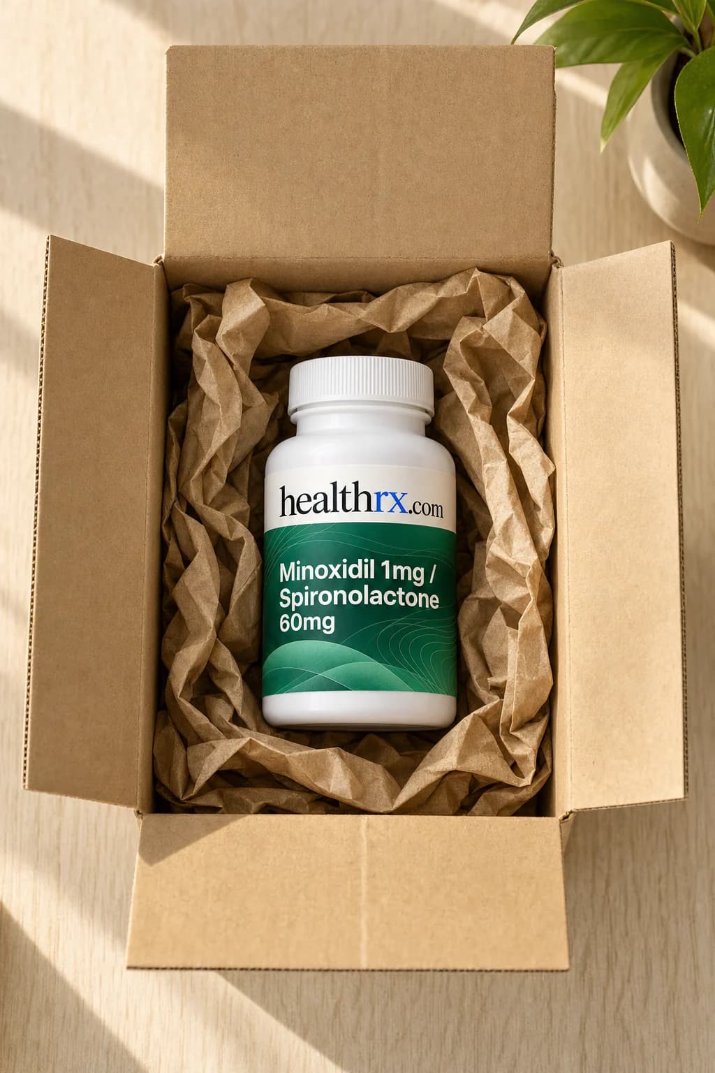 Minoxidil 1mg / Spironolactone 60mg inside a plain, unmarked shipping box