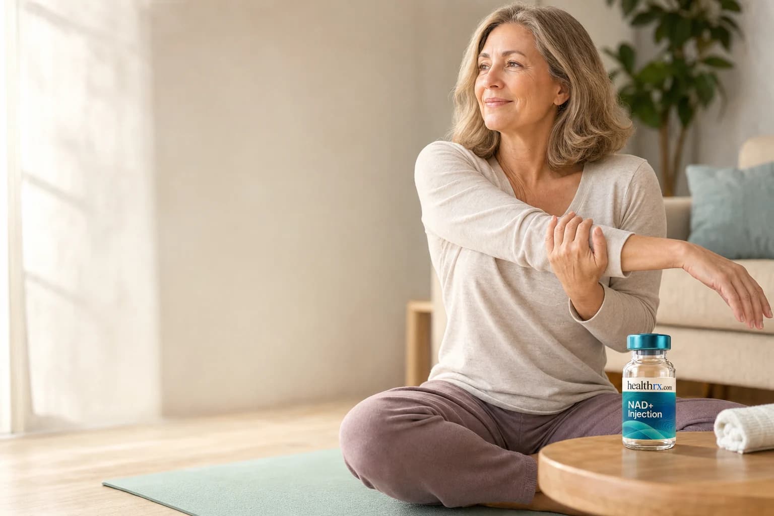 A woman in her mid 50s stretching in her living room, with NAD+ Injection