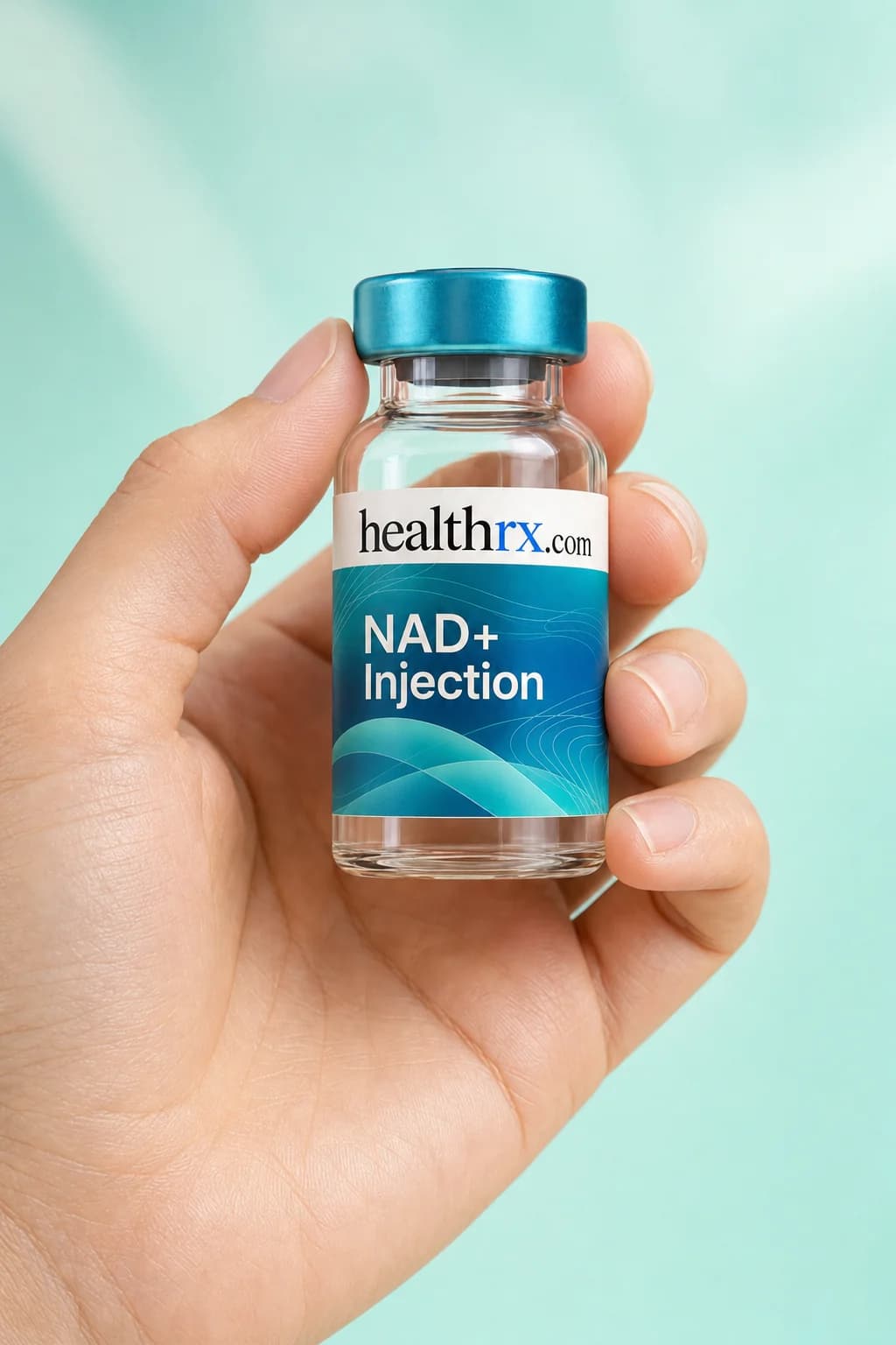 NAD+ Injection held in one hand, showing its size
