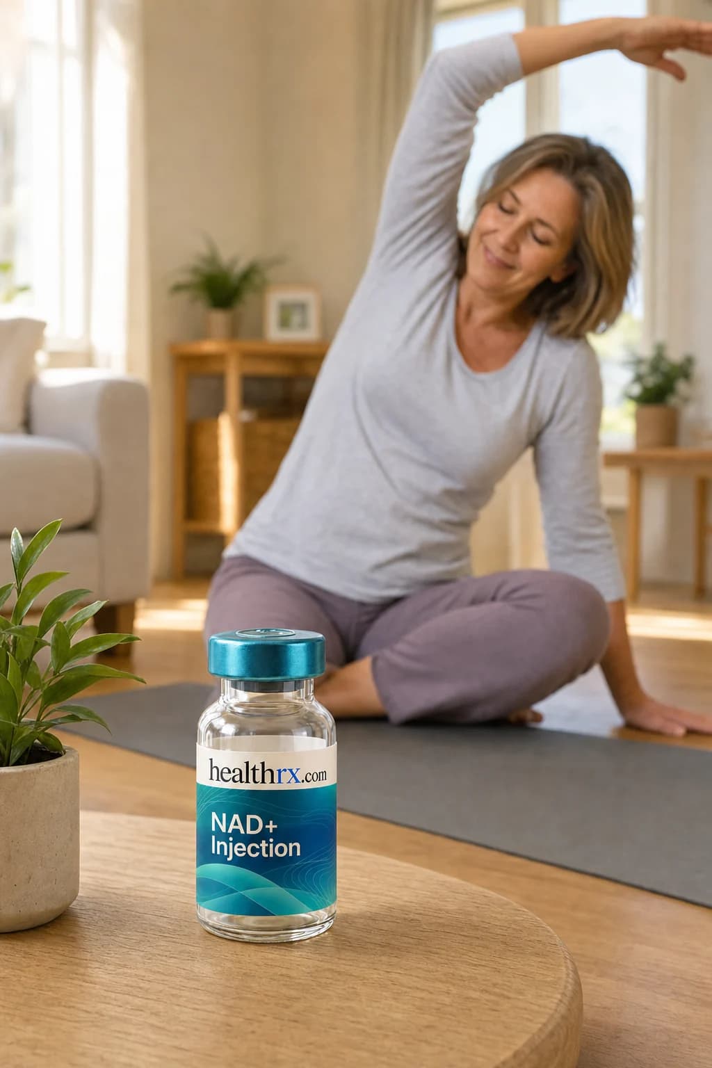 A woman in her mid 50s stretching in her living room, with NAD+ Injection close by
