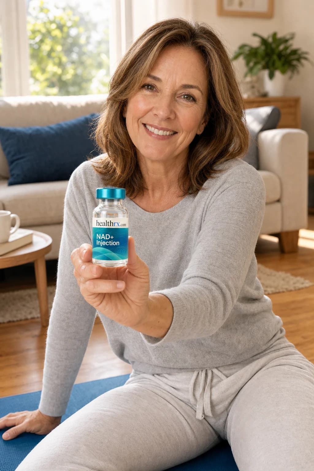 A woman in her mid 50s stretching in her living room, with NAD+ Injection
