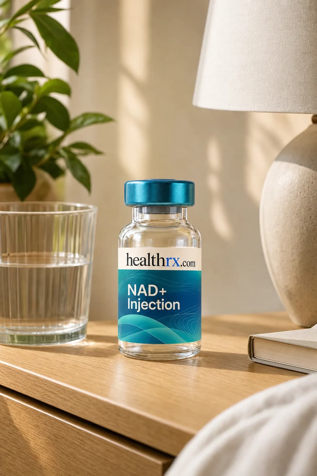 NAD+ Injection on a side table beside a glass of water