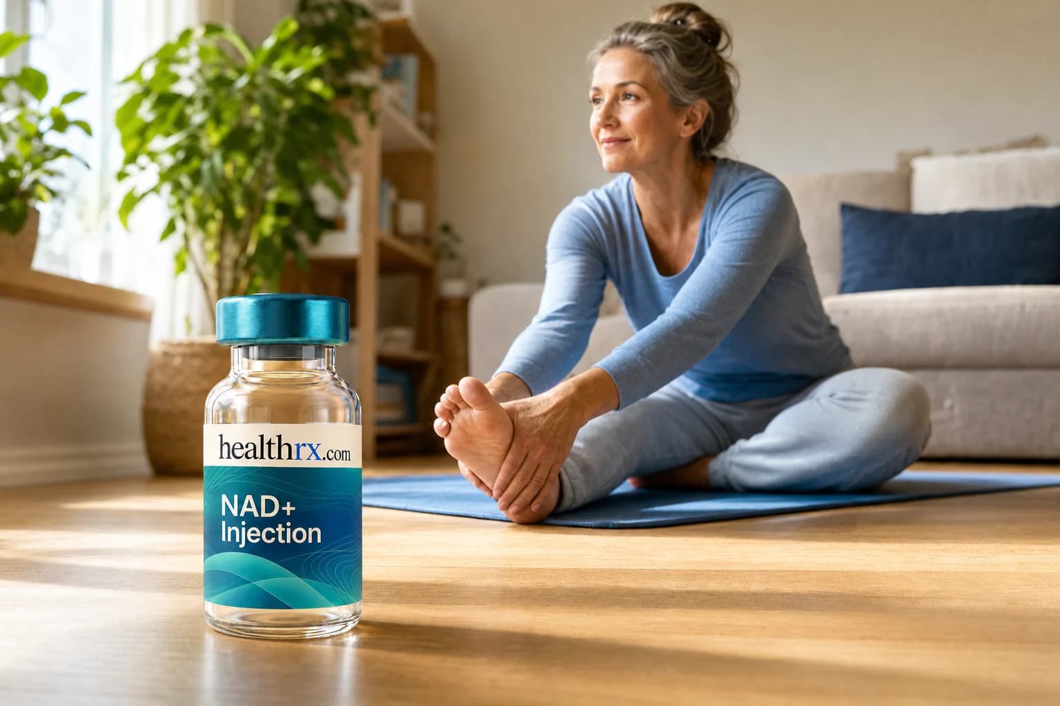 A woman in her mid 50s stretching in her living room, with NAD+ Injection in the foreground