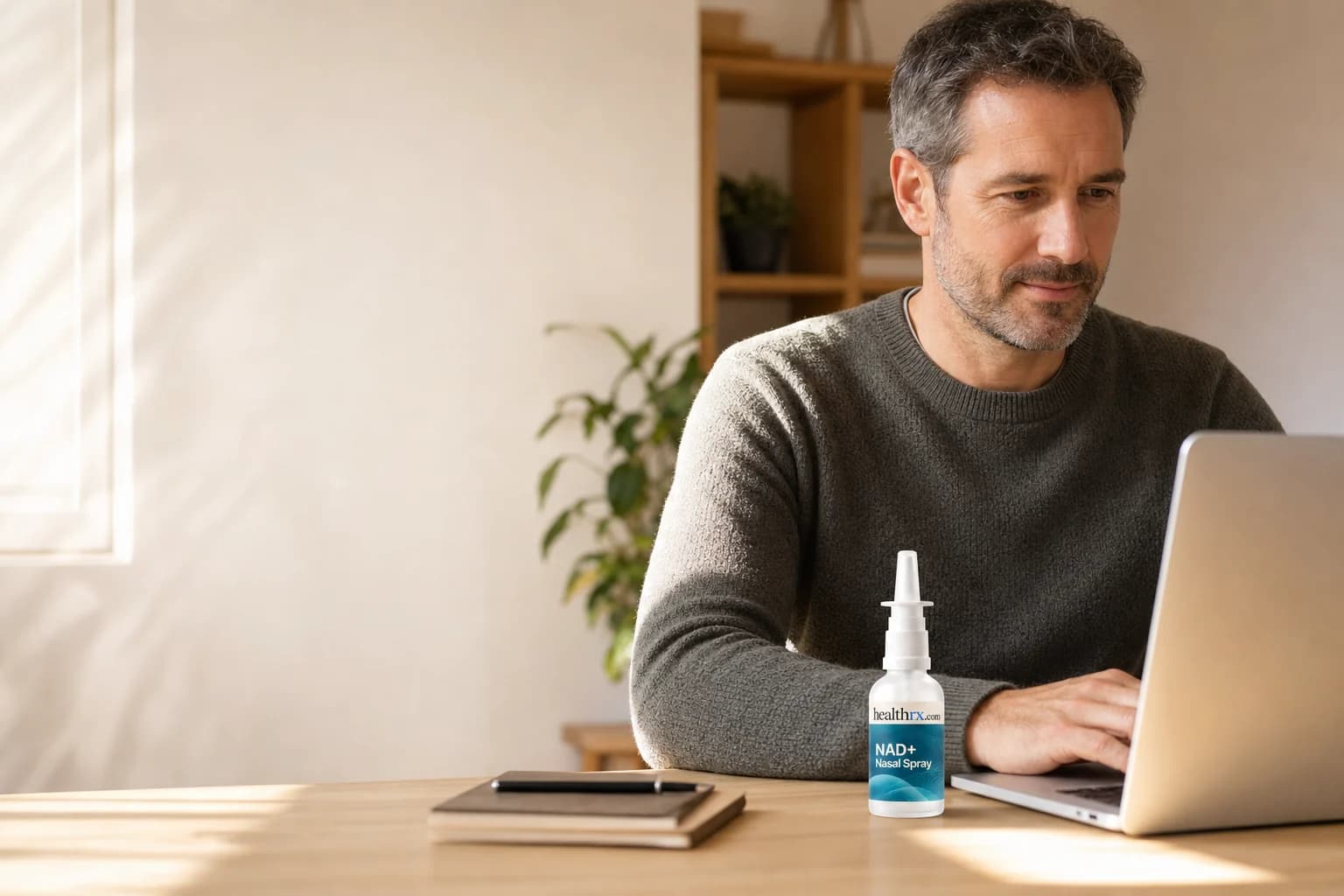 A man in his mid 40s working at his desk in the morning, with NAD+ Nasal Spray